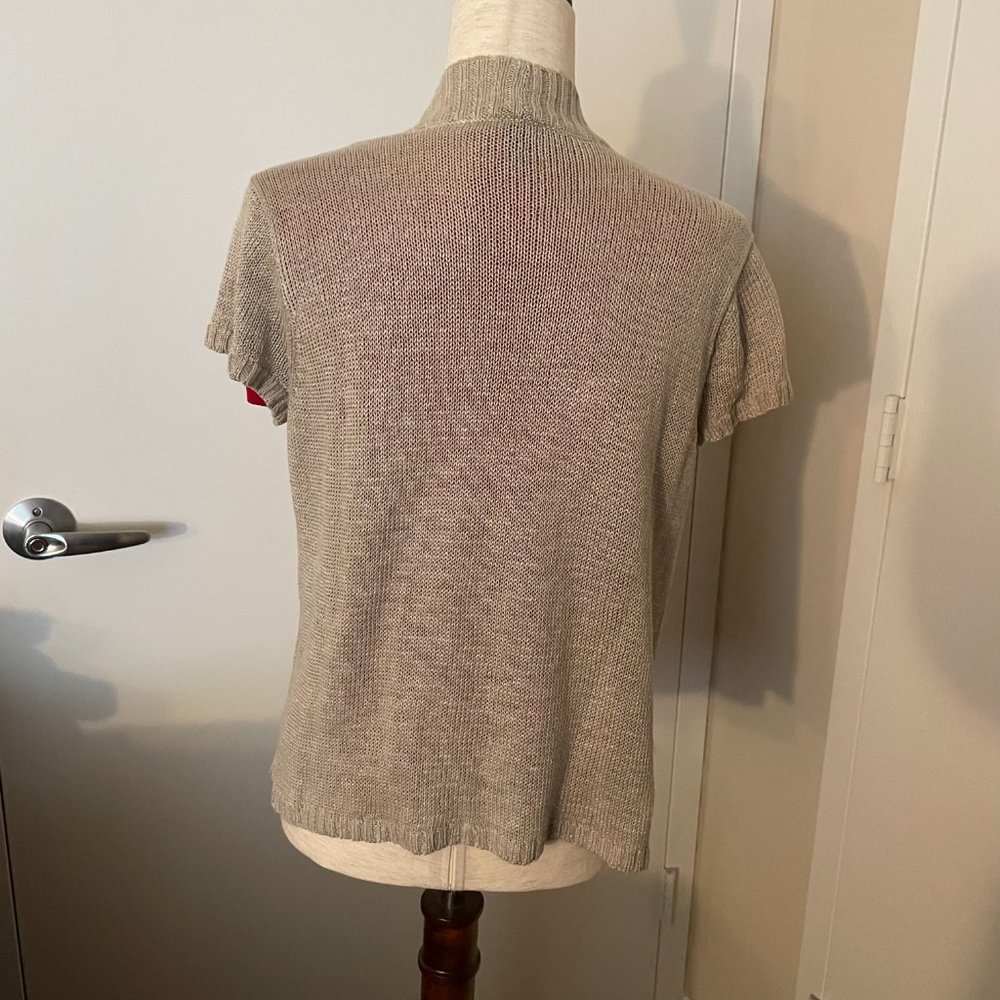 EILEEN FISHER Beige Open Front Cardigan Size M Hemp Knit Short Sleeve - Picture 2 of 5